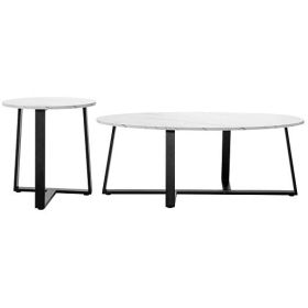 Set of 2 Modern Faux Marble Nesting Coffee Table Set with Oval and Round Table-White