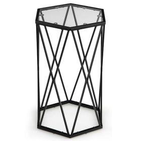 Hexagonal Accent End Table with Tempered Glass Top and Metal Frame - Color: Black