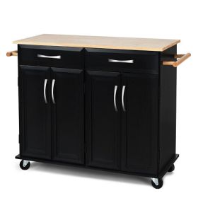 Wood Top Rolling Kitchen Trolley Island Cart Storage Cabinet - Color: Black