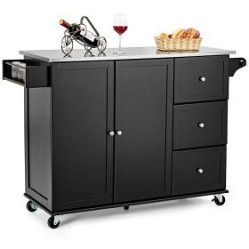 Kitchen Island 2-Door Storage Cabinet with Drawers and Stainless Steel Top-Black - Color: Black