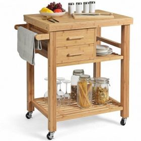 Bamboo Kitchen Trolley Cart with Tower Rack and Drawers - Color: Natural