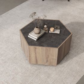 Hexagonal Rural Style Garden Retro Living Room Coffee Table with 2 drawers, Textured Black + Warm Oak - as Pic