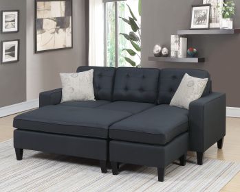 Reversible 3pc Sectional Sofa Set Black Tufted Polyfiber Wood Legs Chaise Sofa Ottoman Pillows Cushion Couch - as Pic