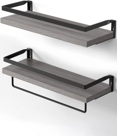 Floating bathroom shelf with towel rail; bathroom/living/kitchen/bedroom wall shelf set of 2; light brown; dark brown; black. - Grey