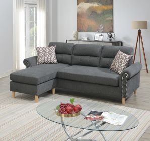 Slate Color Polyfiber Reversible Sectional Sofa Set Chaise Pillows Plush Cushion Couch Nailheads - as Pic