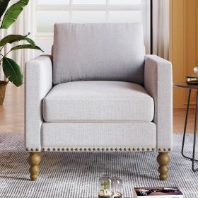 Classic Linen Armchair Accent Chair with Bronze Nailhead Trim Wooden Legs Single Sofa Couch for Living Room, Bedroom, Balcony, Beige - as Pic