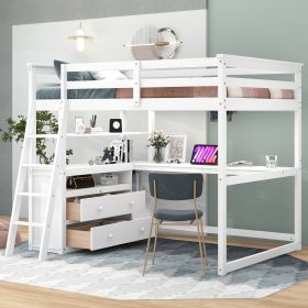 Full Size Loft Bed with Desk and Shelves; Two Built-in Drawers - White