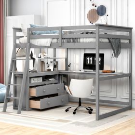 Full Size Loft Bed with Desk and Shelves; Two Built-in Drawers - Gray
