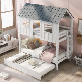 House Bunk Bed with Trundle,Roof and Windows - White