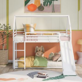 Twin over Twin House Bunk Bed with Ladder and Slide - White