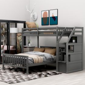 Twin over Full Loft Bed with Staircase,Gray - Gray