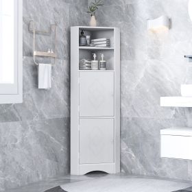 Tall Bathroom Corner Cabinet; Freestanding Storage Cabinet with Doors and Adjustable Shelves; MDF Board; Gray - White