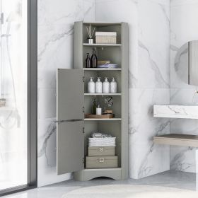 Tall Bathroom Corner Cabinet; Freestanding Storage Cabinet with Doors and Adjustable Shelves; MDF Board; Gray - Gray