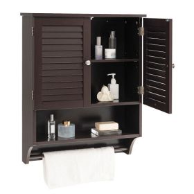 2-Doors Bathroom Wall-Mounted Medicine Cabinet with Towel Bar-Brown