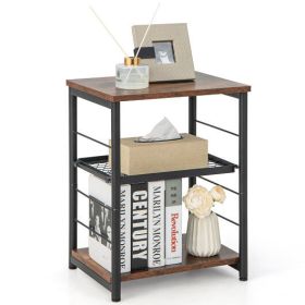 3-Tier Industrial Side Table with Adjustable Mesh Shelf-Rustic Brown